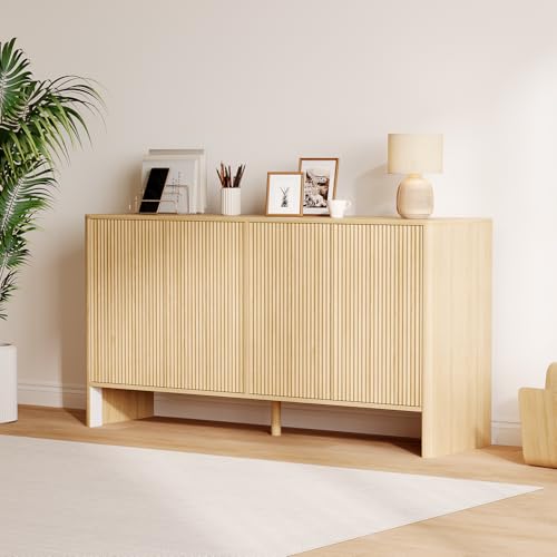 Garvee 58 in Fluted Sideboard Buffet Cabinet, Modern Accent Storage Cabinet with 4 Fluted Doors and Adjustable Shelves, Wood Credenzat Coffee Bar Cons