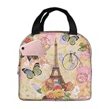 Duduho Paris Eiffel Tower Butterfly And Flowers Lunch Bag Compact Tote Bag Reusable Lunch Box Container For Women Men School Office Work