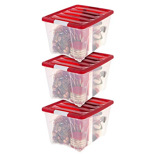 IRIS USA, TB-56D, Holiday Plastic Storage Tote, 53 Qt, Red, 3 Pack