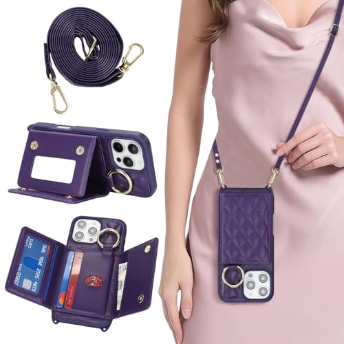 DEYHU for iPhone 16 Pro Max Case with Card Holder and Strap for Women,Crossbody Lanyard, Make Up Mirror,Ring Stand,Snap Clasp,Cute Phone Wallet Cases 6.9 inch - Deep Purple by DEYHU - Used condition - US$14.10