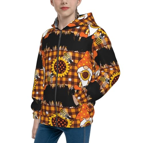 Sunflower Gnomes and Bees Kid Hoodies Boys Zip Up Sweatshirts Girls Pullover with Pocket