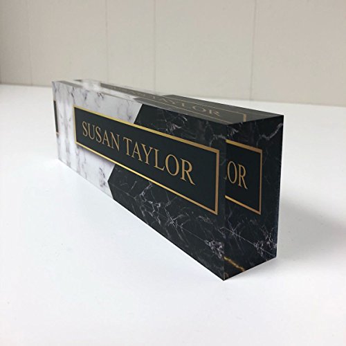 Artblox Personalized Name Plate for Desk | Black & White Marble Design On Clear Acrylic Glass | Custom Desk Name Plate Personalized Name and Credentials for Teacher Phd Military Office Name Plate
