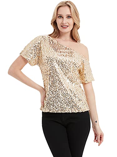 Anna-Kaci Womens Short Sleeve One Shoulder Sexy Sequin Top Blouse, Gold, X-Large #TOP5