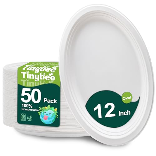 Tinybee 100% Compostable Oval Paper Plates 12 Inch [50-Pack] Heavy Duty Large Paper Plates, Biodegradable Bagasse Platters, Eco-Friendly Dinner Plate for BBQ/Picnic/Party (BPI Certified,Microwaveable)