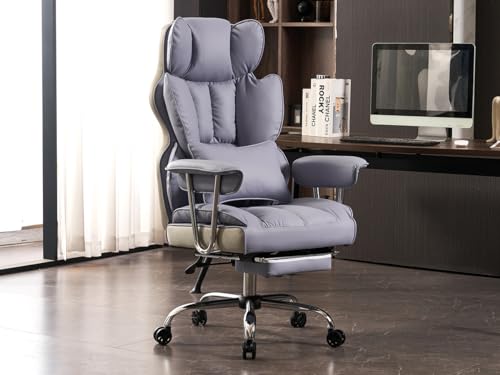 Efomao Desk Office Chair, PU Leather Ergonomic Office Chair,Adjustable Big High Back Computer Chair,Executive Swivel Chair with Footrest and Lumbar Support,LIGHT PURPLE Office Chair