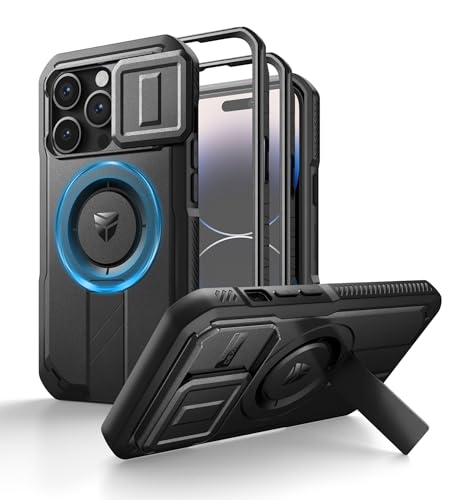 Dexnor Kompatibel mit iPhone 14 Pro Hülle mit Kameraabdeckung Schieben & Einstellbarer Kickstand & Integrierter Displayschutz, Robuste stoßfeste Bumper Heavy Duty Mangetic Schutzhülle - Schwarz