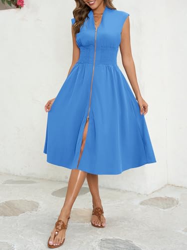 Image of Wenrine Womens Smocked Midi Dress Zipper V Neck Long Summer Dresses | zip front, empire waist, cap sleeve, flowy, a line, high slit, casual midi dress