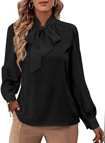 Rooscier Women's Bow Tie Neck Long Sleeve Buttton Cuff Chiffon Elegant Blouse Black Small
