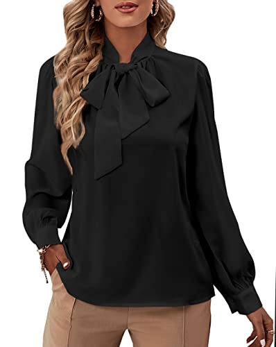 Rooscier Blusa Elegante de Gasa con Cuello de Lazo y Manga Larga para Mujer, Negro, X-Large
