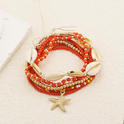 Image of Shell Anklets Bracelet for Women Waterproof Surfer Starfish Bracelet Puka Shell Anklet Colorful Boho Stack Stretch Bead Bracelet Set Hawaii Summer Beach Vacation Foot Jewelry