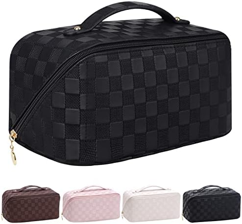 Large Capacity Travel Cosmetic Bag for Women with Portable Handle, Multifunctional Makeup Organizer PU Leather Makeup Bag Organizer Toiletry Bag for Cosmetic Skincare Toiletries(Plaid-Black)