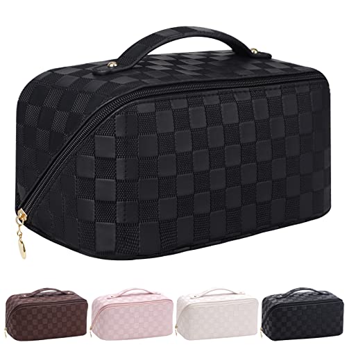 Large Capacity Travel Cosmetic Bag For Women With Portable Handle, Multifunctional Makeup Organizer Pu Leather Makeup Bag Organizer Toiletry Bag For Cosmetic Skincare Toiletries(Plaid-Black) #TOP1