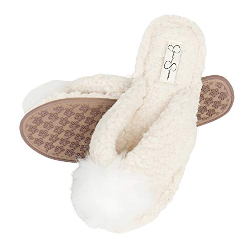 Jessica Simpson Women's Fluffy Plush Slide-On Sandal House Slippers With Memory Foam, Ivory Fluff, Medium #TOP3