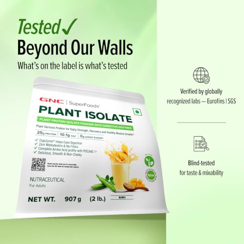 Image of GNC Plant Protein Isolate Powder | 25g Protein Complete Amino Acid Profile with PDCAAS 1 Score | DigeZyme For Faster Absorption | No Added Sugar | Delicious & Non-Chalky | Mango (2lbs)