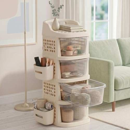 TEX-RO 4 Layer Plastic Drawer Cabinet with Wheels & Side Hooks | Stackable Storage Trolley Organiser for Kitchen | Multipurpose Drawers Organisers Rack with Basket - Transparent And Ivory