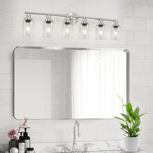 Image of 6-Light Nickel Bathroom Vanity Lights, E26 Modern Bathroom Light Fixtures with Clear Glass Shade, Wall Lamps for Mirror Hallway Kitchen Cabinet Living Room Sconces Lights