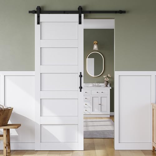 Image of SMARTSTANDARD 30in x 84in Sliding Barn Door with 5FT Hardware Track Kit | Waterproof PVC Surface, Pre-Drilled Holes Easy to Assemble, Solid, MDF, White, 5-Panel