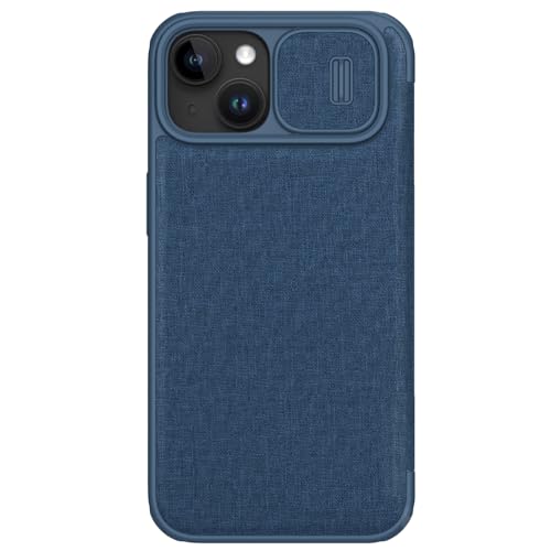 Nillkin Case for Apple iPhone 15 Plus (6.7" Inch) Qin Pro Cloth Leather Camshield Camera Slider Flip Folio + Card Slot Blue Color