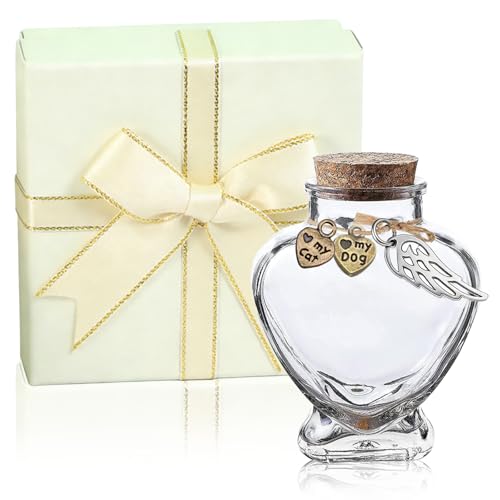 Tarqite Mini Urne Glasflaschen mit Geschenkbox, Herzf&ouml;rmig Haustier Erinnerungsflasche, Tierhaare Miniflasche mit Korken, Gedenkflasche Glas f&uuml;r Hunde, Katzen Asche,Erinnerung, Trauergeschenk