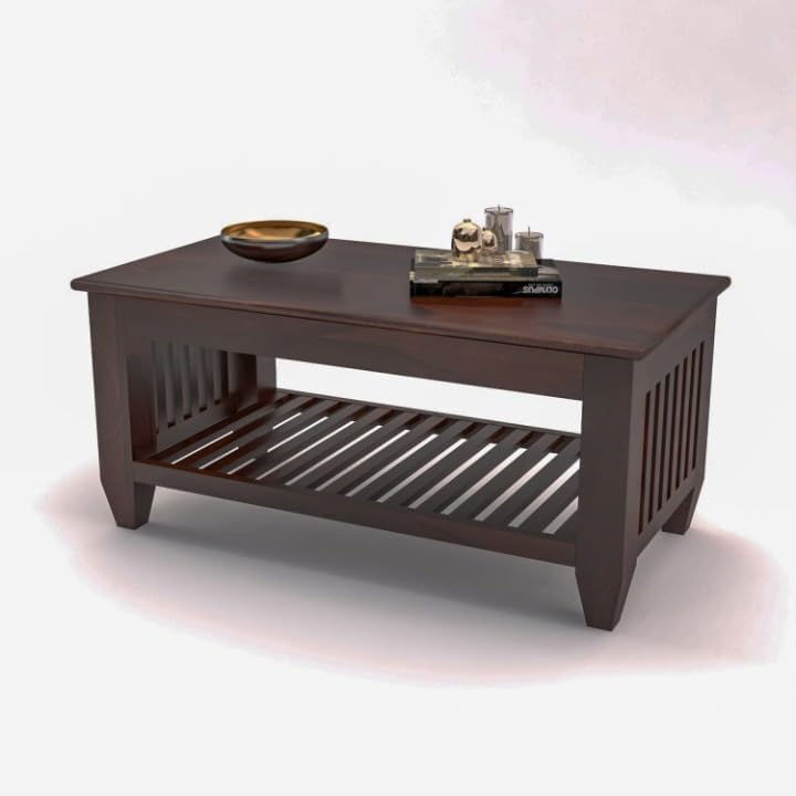 Image of FreshFurnish Solid Sheesham Wooden Centre Table Coffee Table & Sofa Center Table Teapoy for Hallway Decor - Wooden Coffee Table for Living Room Home Furniture Decor (Walnut)
