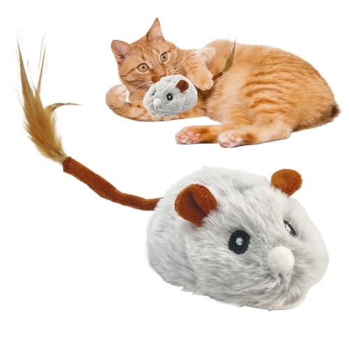 自動スクイーキー猫のおもちゃ、自動マウス猫のおもちゃ - 柔らかいラバータイヤぬいぐるみ移動マウスUSB充電 | インタラクティブなペット用品、大小の猫用の回転可能な車輪を備えた電子スクイーキーな動物のおもちゃ