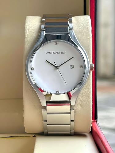 Image of AMERICANVIBER Men's Minimalist Watch, Silver Stainless Steel, White Dial with Crystal Accents, Analog Quartz Movement, Date Window For Men