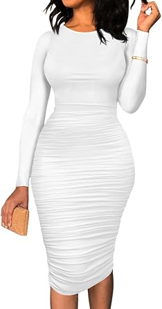 BEAGIMEG Womens Ruched Long Sleeve Elegant Bodycon Basic Casual Midi Dress