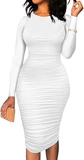 Women's Ruched Long Sleeve Elegant Bodycon Basic Casual Midi Dress - Buy now