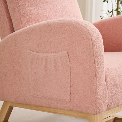 Image of Rocking Chair Nursery, Glider Rocking Accent Chair with Wood Legs, High Back Pocket Modern Upholstered Nursery Chair, Comfy Accent Rocker Armchair for Living Room Bedroom, Sherpa Pink