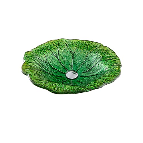 Ksunun Lavabo sobre Encimera Lavabo de Vidrio Templado Lavabo de Cristal de Forma de Hoja de Loto Lavamanos de Baño Moderno con Anillo de Montaje, Drenaje de Agua Latón, 470 x 470 x 128 mm,Spring