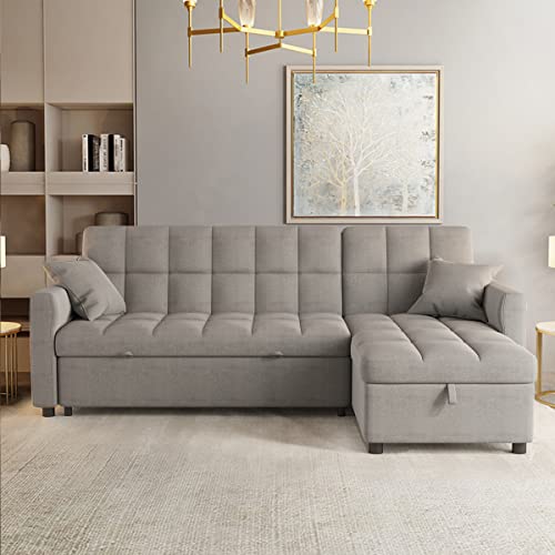 Jach Reversible Sectional Sleeper Sofa, 82'' Wide Pull-Out Sofa Bed With Storage, L-Shape Chaise, 3 In 1 Design Convertible Loveseat For Living Room Small Apartment (Light Gray) (7047) #TOP7