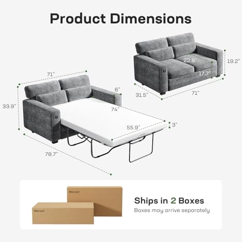 Marsail Pull Out Sofa Bed, Queen Size Sleeper Sofa with Memory Foam Mattress, 2 USB Charging Ports & Removable Covers, Chenille Loveseat Couch for Living Room, Apartment, Light Grey by Marsail - Image 3