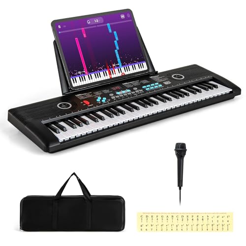 COSTWAY 61 Key Keyboard Piano, Portable Digital Piano with Microphone, Keynote Stickers, Carrying Case, Electric Piano for Beginners (Black)