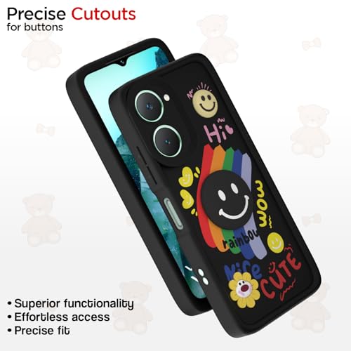 Image of Pikkme Back Cover for iQOO Z9 Lite 5G / Vivo T3 Lite 5G / Vivo Y18 / Y18e / Y03 | Soft Silicone| Cute Rainbow Smile & 3D Cartoon Flower Design | Shockproof Raised Camera protection Bumper Case (Black)