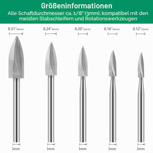 Holzschnitzwerkzeug, 5 Stück HSS Gravierwerkzeug, Holz Fräser Set für Dremel Rotationswerkzeuge Zubehör mit 3mm Schaft für Holz Schnitzen, Bohren