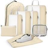 Gonex 8 Set Expandable Mesh Packing Cubes for Travel Essentials, Compression Organizer with Toiletry, Laundry, Shoe, Cable Bags - Beige