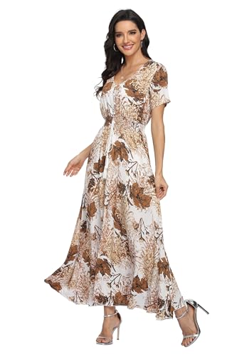 Image of VintageClothing Women's Floral Maxi Dresses Boho Button Up Split Summer Casual Long Dress Beach Party Dress