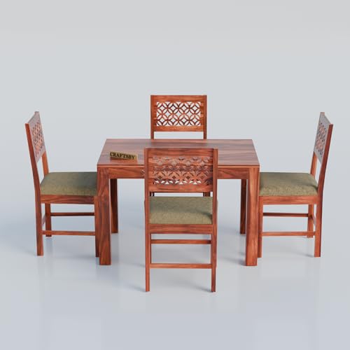 Image of 45 Inch Length Solid Sheesham Wood 4 Seater Dining Table Set | Four Seater Dinner Table with 4 Cushions Chairs | Dinning Table Set 4 Seater for Living Room | Table & Chair Set | Honey Finish