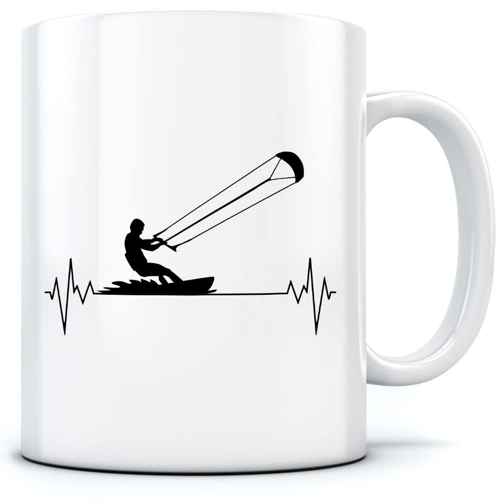 HotScamp Kite Surfer Heartbeat Kite Surfing Enthusiast - Mug for Tea Coffee - Sports Hobby Fan One Size White