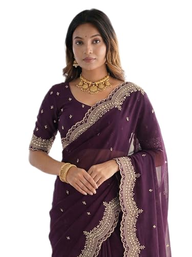 Image of SIRIL Women's Shimmer Georgette Scalloped Border Sequins Embroidery Saree with Unstitched Blouse Piece