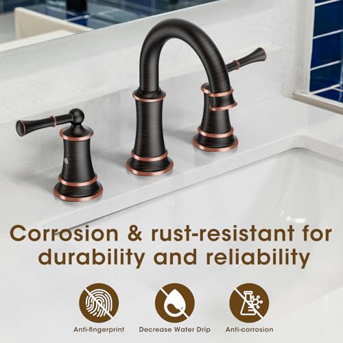 Rustic Oil Rubbed Bronze Bathroom Faucet, 360° Rotatable Spout, 2 Handles, 3 Hole Widespread, Pop Up Drain & Supply Lines Included, Antique Style (L2304-ORB) by HANGORO - Used condition - Image 4