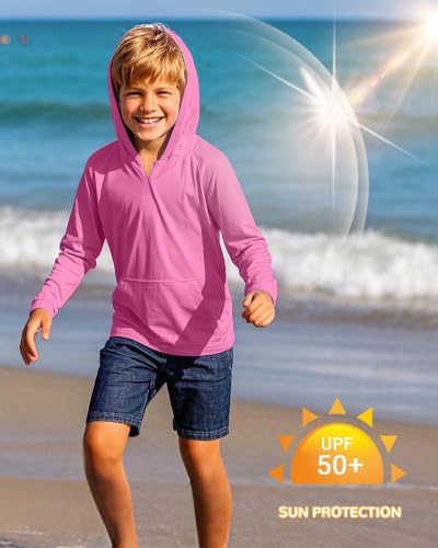 Image of Boys Rash Guard Long Sleeve Hoodie Swim Shirt with Pocket Youth Kids UPF 50+ Sun Protection Fishing Shirts Thumb Hole