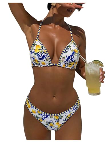 Maillot de bain 2 pièces bleu pour bronzer sans marques grâce au haut triangle dos nu