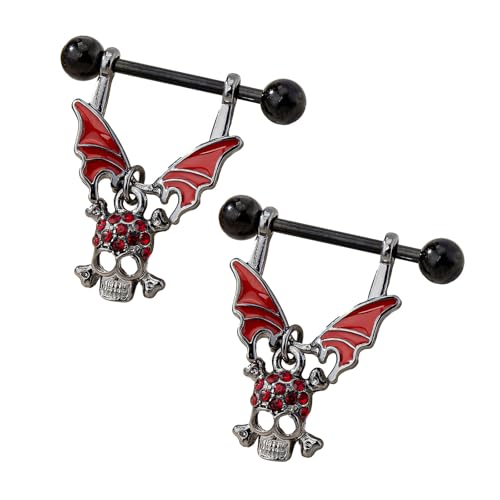 Ycfish 1 Pairs 14G Nipple Rings Nipple Rings Stainless Steel Nipple Piercings Adjustable Black Devil Barbell Heart-Shaped Nipple Piercing for Women and Girls(Skull)