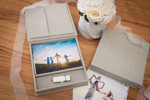 Hochzeit Foto Box mit USB Fach – Erinnerungsbox für Fotos 13x18 cm, Premium Leinen Aufbewahrungsbox, Geschenkbox für Hochzeit, Geburtstag, Familienfeiern & besondere Momente (Grau, 21x21 cm)