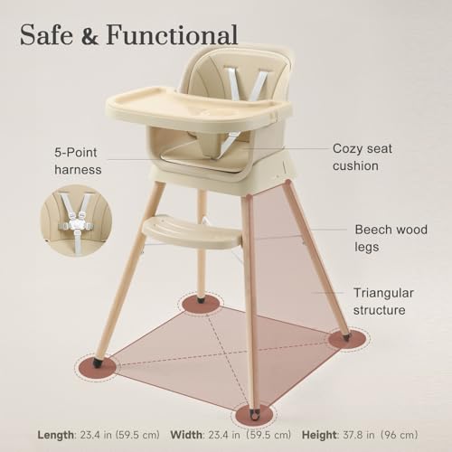 3-in-1 Convertible Baby High Chair, Booster Seat for Dining Table, Wooden High Chair for Babies and Toddlers, Easy Clean Infant Highchair with Removable Double Tray & 5-Point Harness, Beige - Thumbnail 7