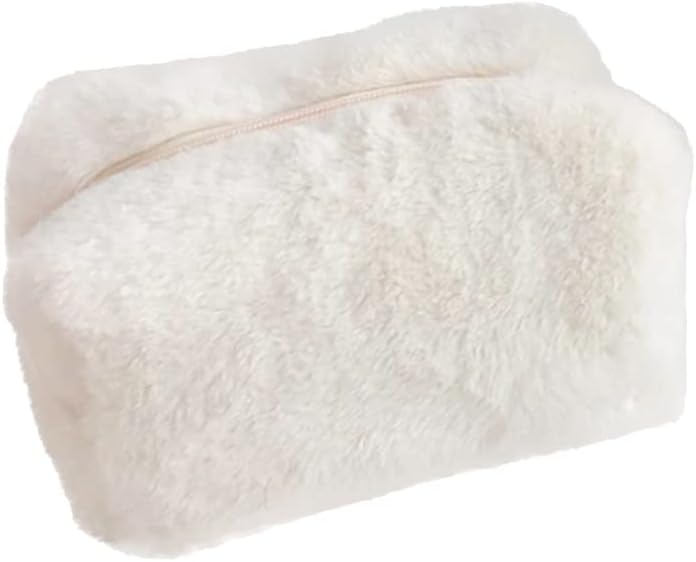 FSSTUD Cute Plush Pencil Case Large Capacity Pencil Pouch Pen Bag Portable Office Stationery Bag Furry Zipper Pen Pouch for Students White