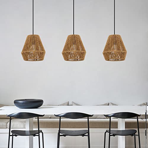Pindodo 3 Pack Woven Pendant Light Fixtures,7" Rattan Pendant Lights Farmhouse Basket Light Fixture Adjustable Boho Hanging Lamp For Kitchen Island Bedroom Dining Room Foyer Hallway #TOP6