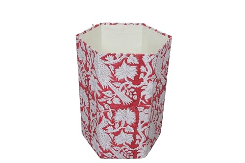 Image of Generic 3.3 Gallon Cotton Hand Block Printed Paper Waste Basket |Small Decorative Trash Can for Housewarming Gifts in Living Room, Bedroom, Bathroom | Eco-Friendly, Plastic-Free (1, RED White MOR)