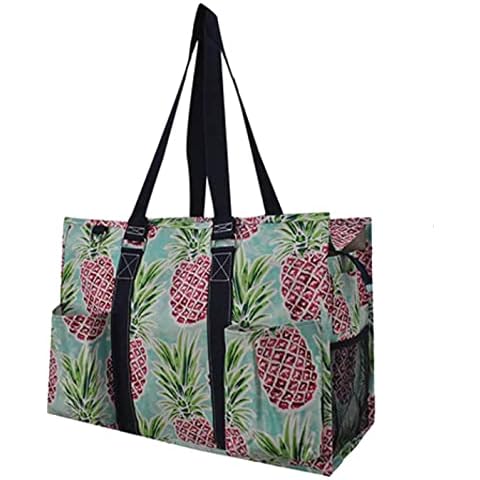 NGIL Zip-Top Organizing Utility Tote Bag with Exterior Pockets for Working Women, Teachers, Nurses, and Moms, Design in USA, Bluesweet Pineapples Cover
